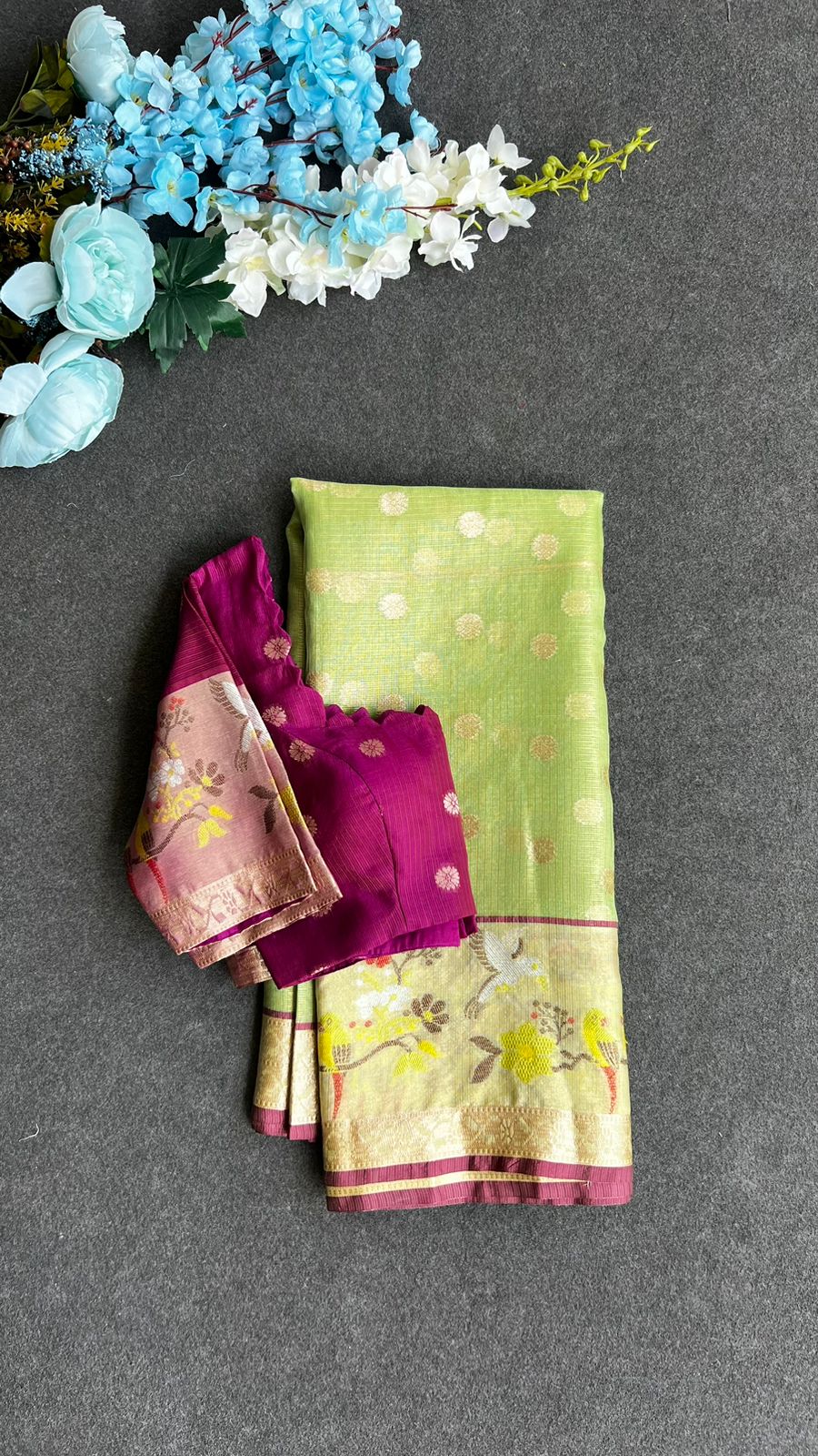 Mint green kota silk saree with purple blouse