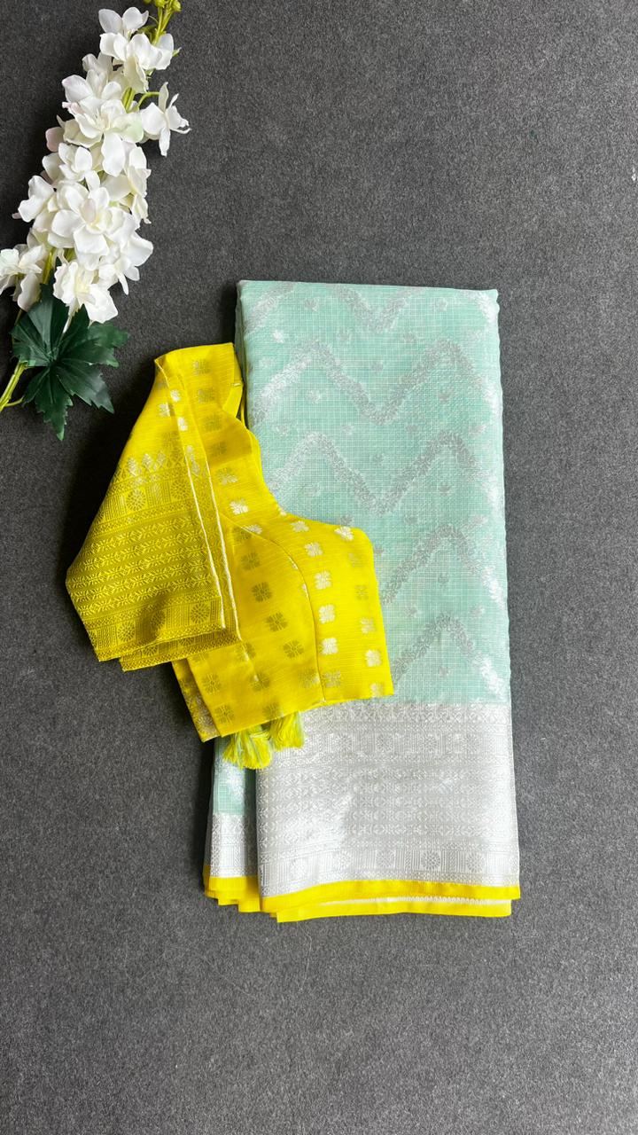 Sea green kota silk saree with yellow blouse