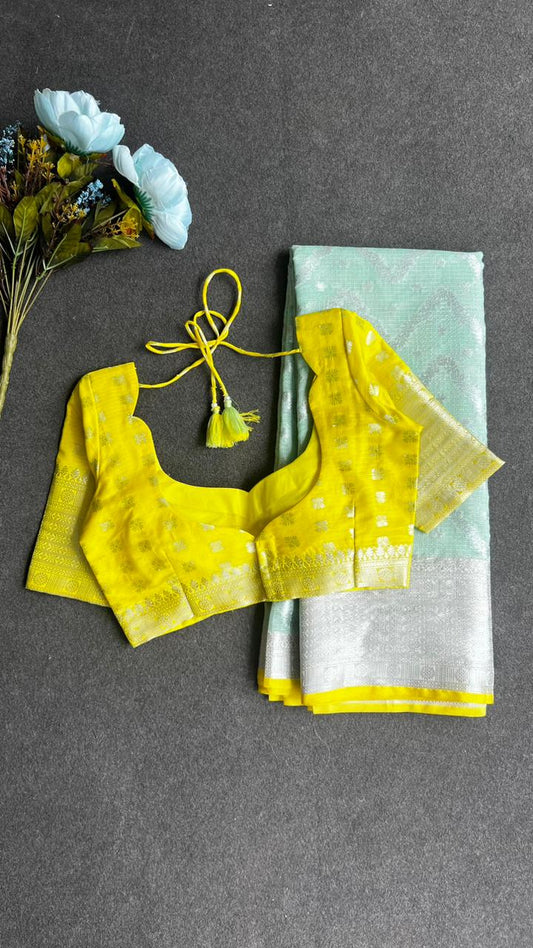 Sea green kota silk saree with yellow blouse