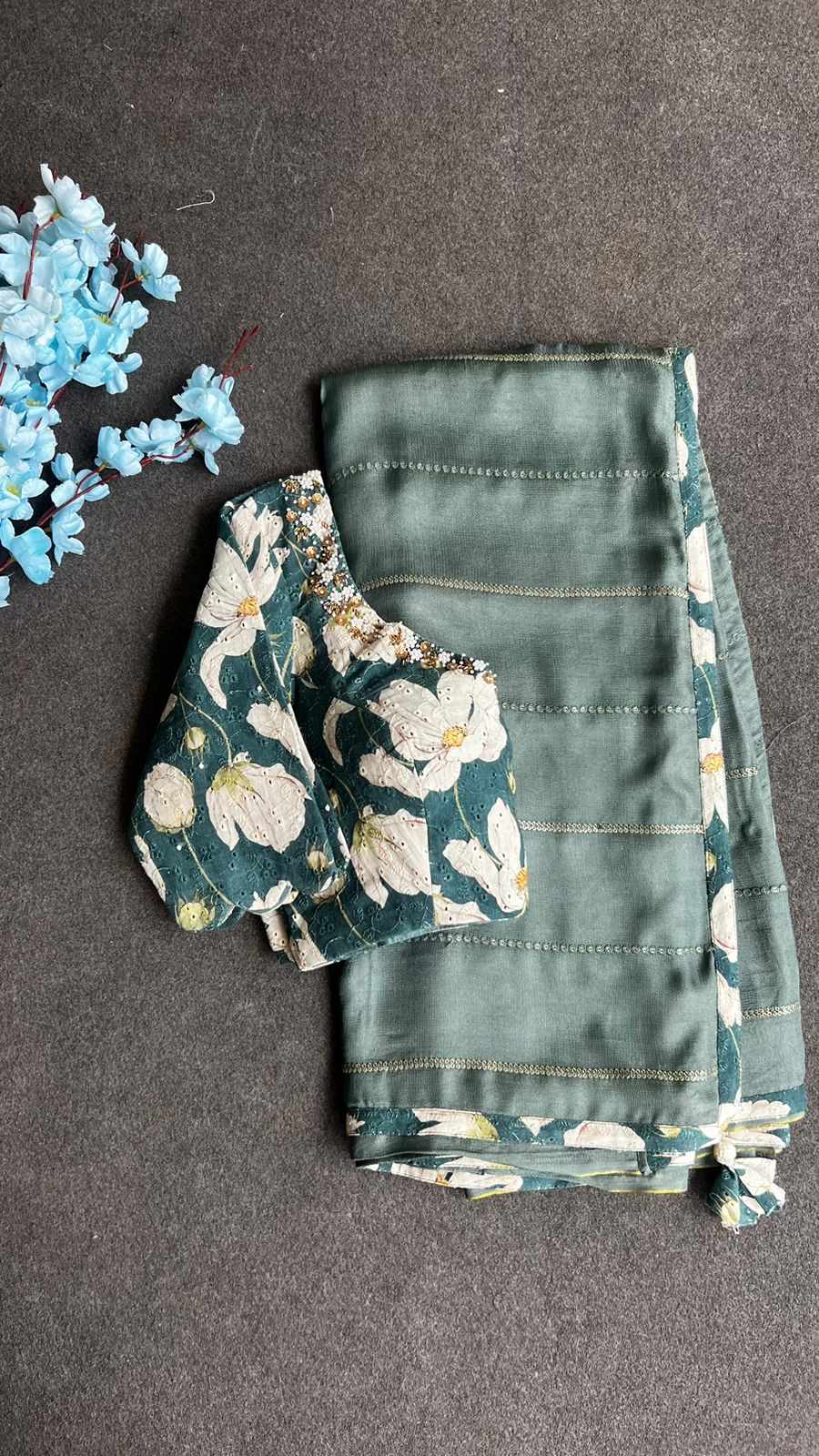 Teal green jute saree with hakoba hand worked blouse