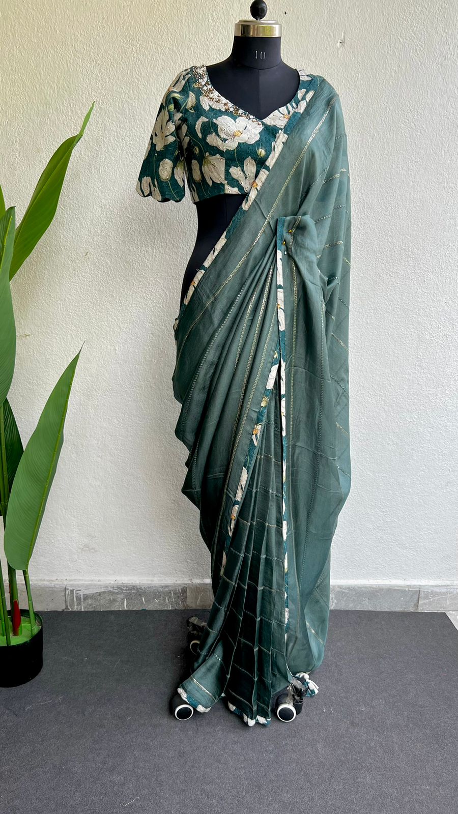 Teal green jute saree with hakoba hand worked blouse