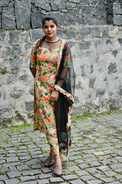 Cream floral printed & netted 3 piece kurti sets