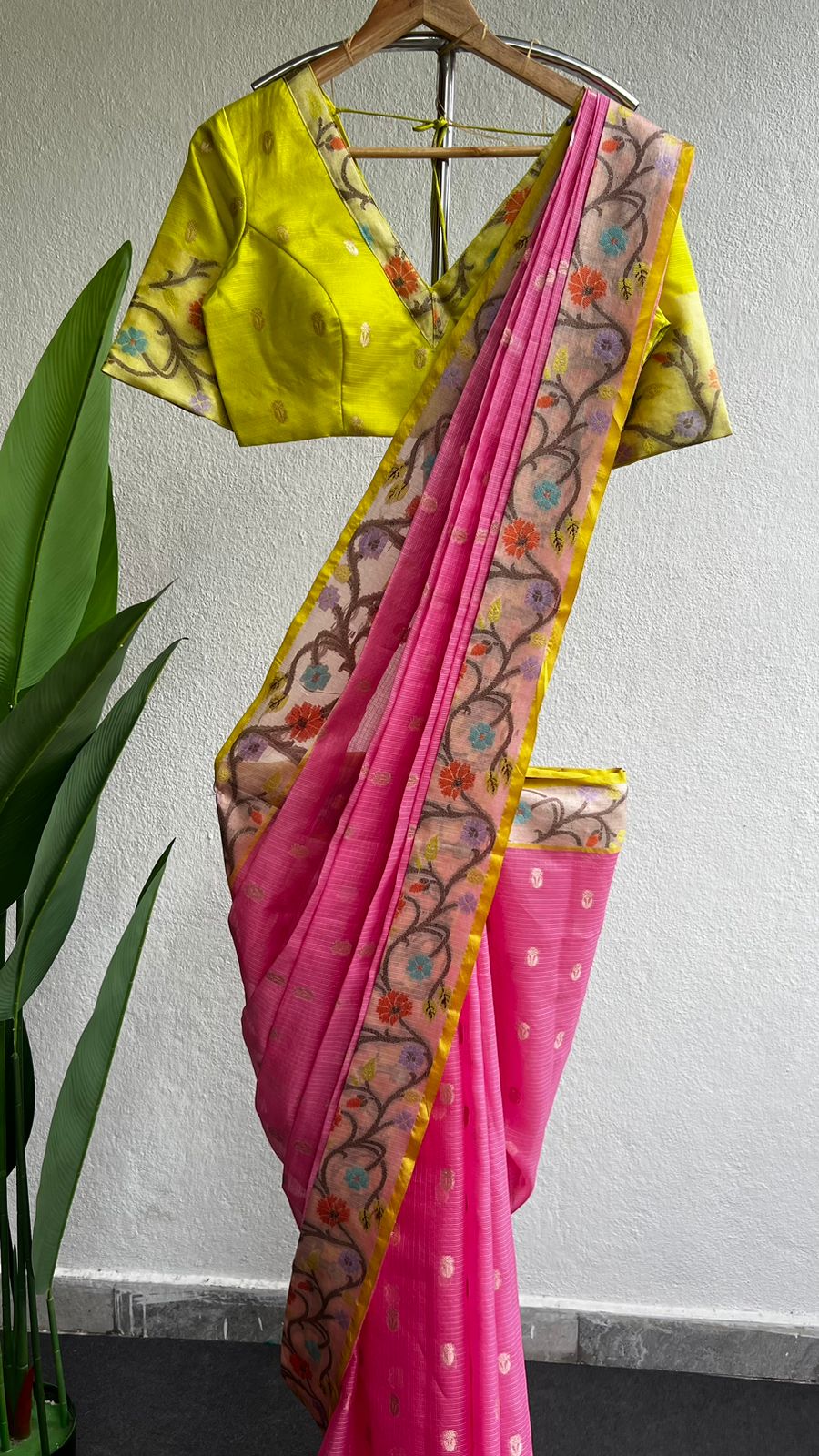 Pink kota silk saree with lemon yellow blouse