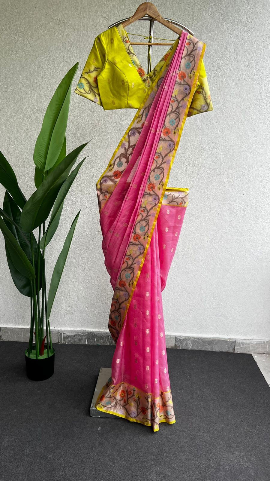 Pink kota silk saree with lemon yellow blouse