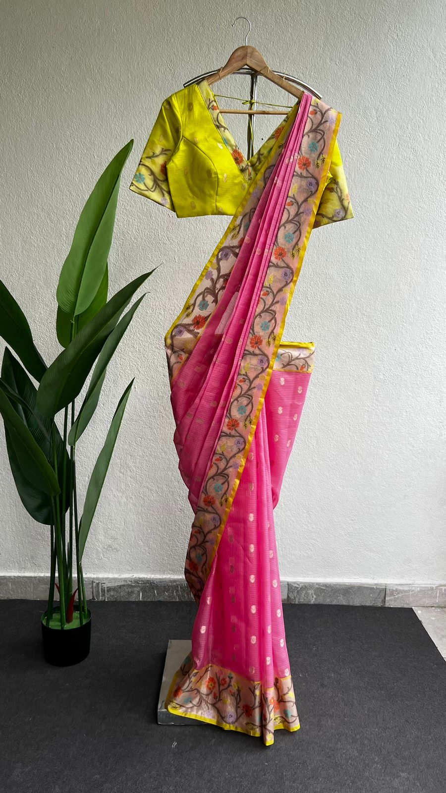 Pink kota silk saree with lemon yellow blouse