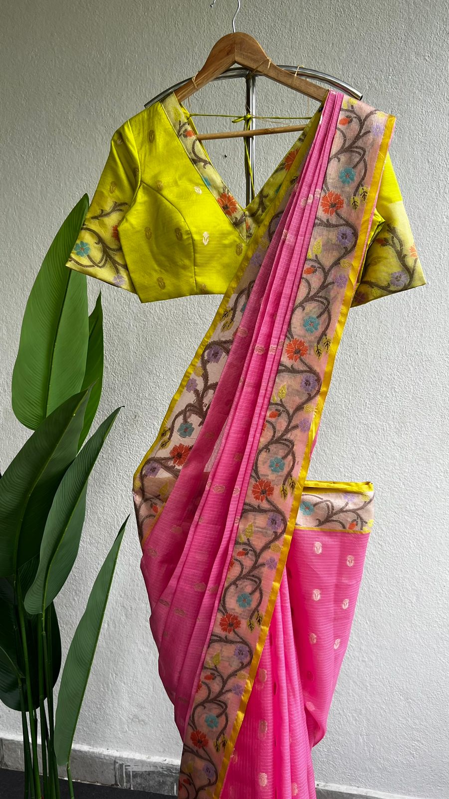 Pink kota silk saree with lemon yellow blouse