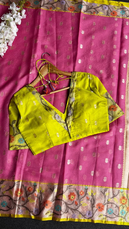 Pink kota silk saree with lemon yellow blouse