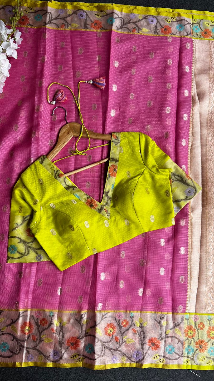 Pink kota silk saree with lemon yellow blouse