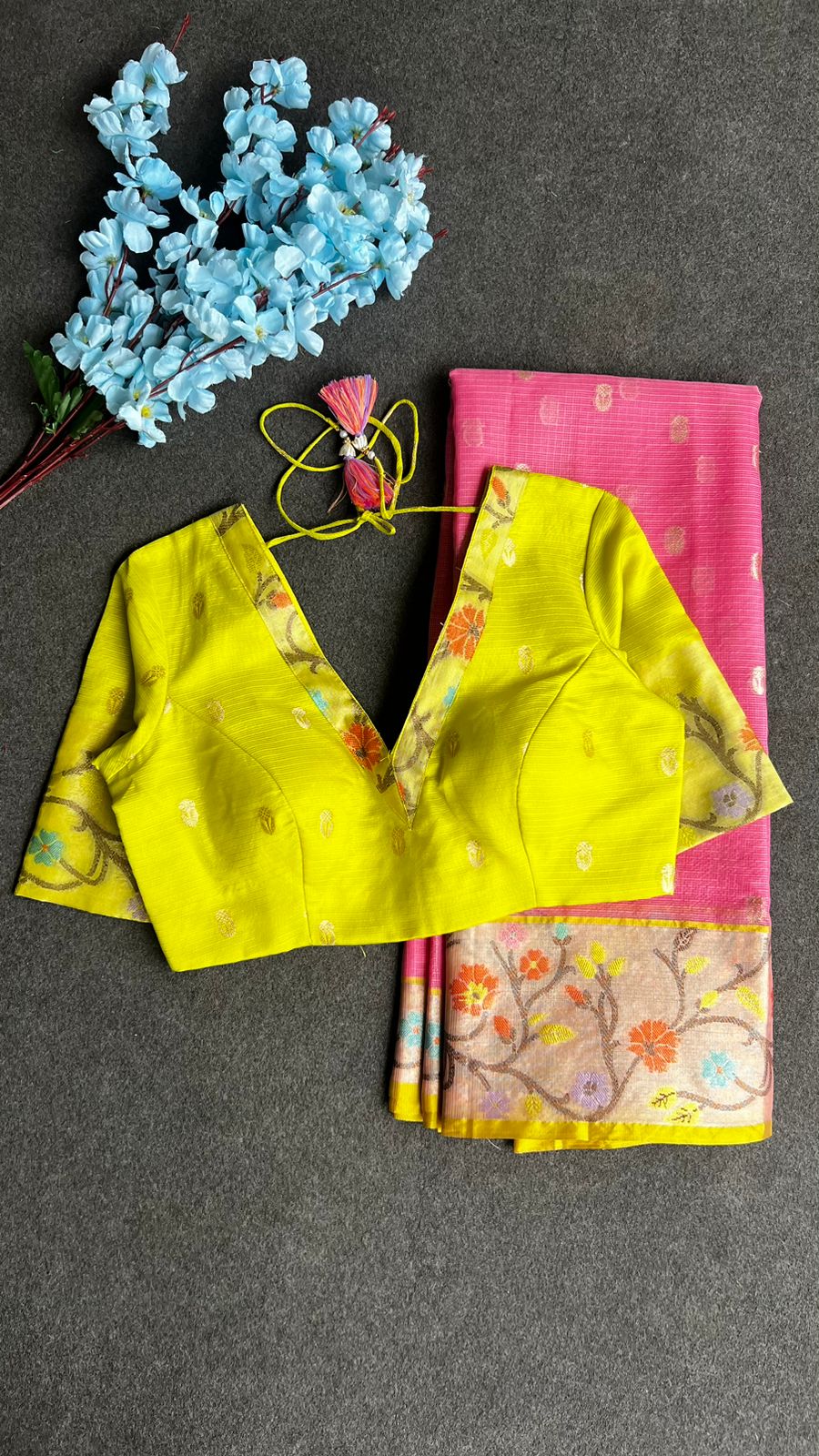 Pink kota silk saree with lemon yellow blouse