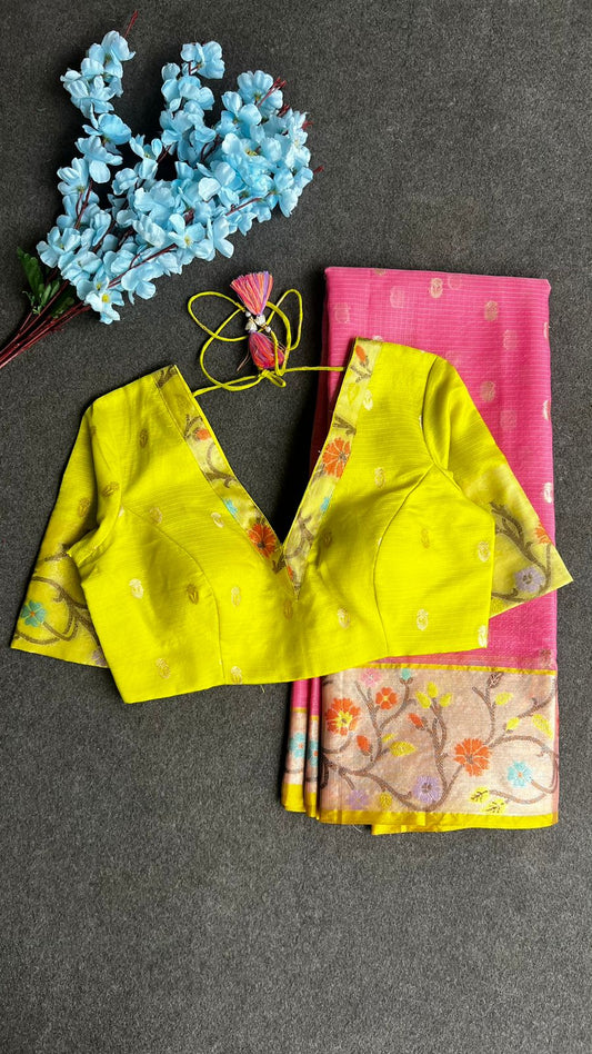 Pink kota silk saree with lemon yellow blouse