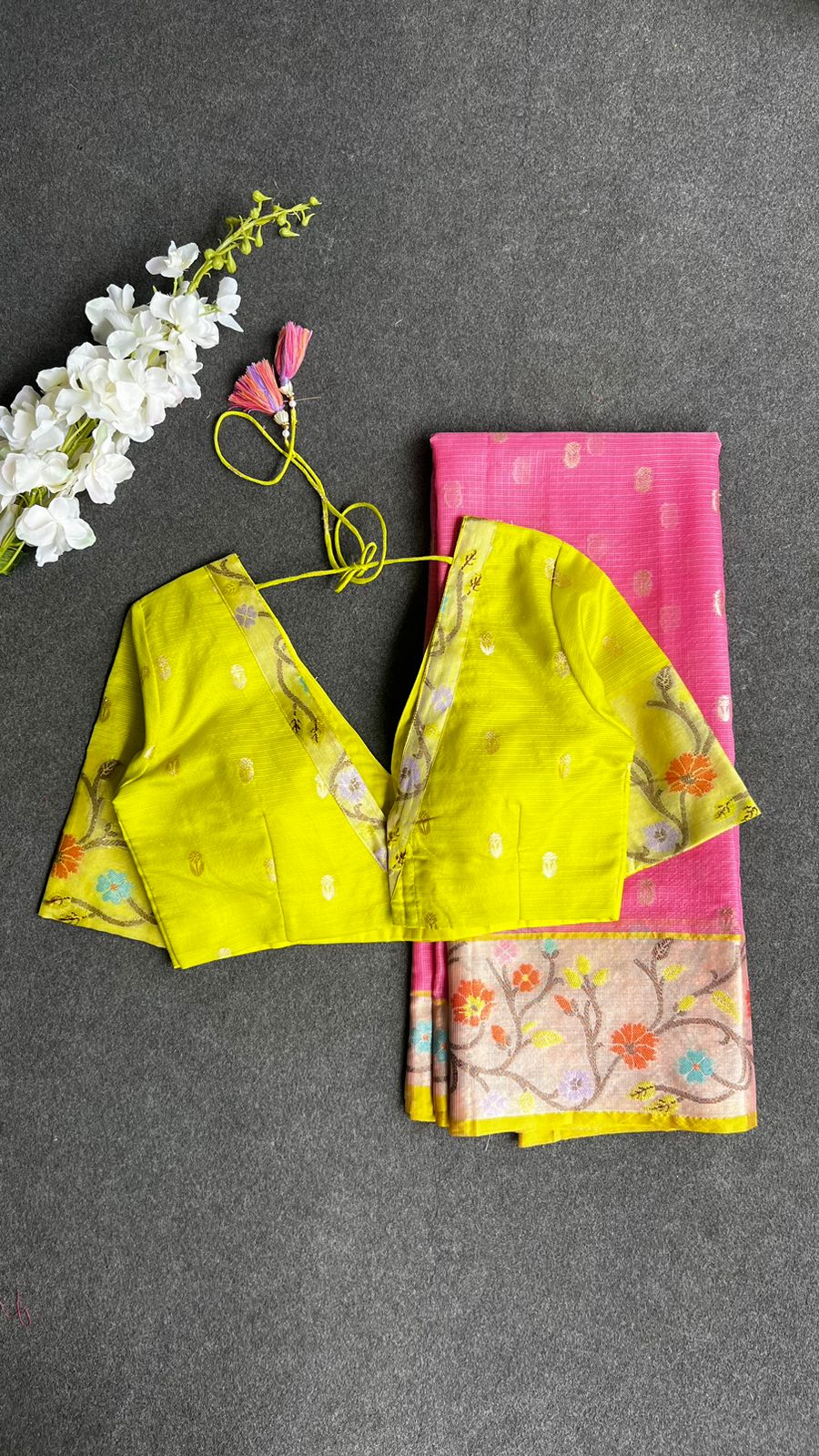 Pink kota silk saree with lemon yellow blouse