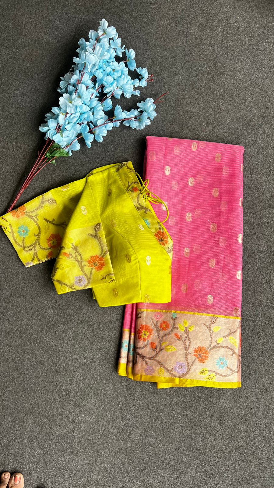 Pink kota silk saree with lemon yellow blouse