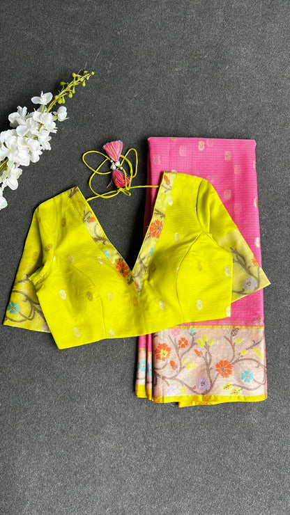 Pink kota silk saree with lemon yellow blouse