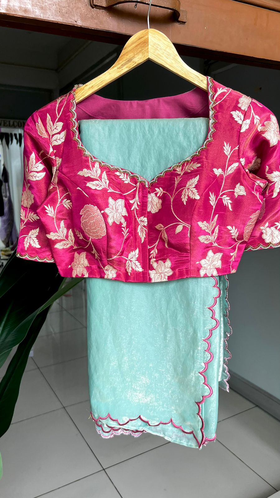 Sea blue glass tissue saree with pink hand worked blouse