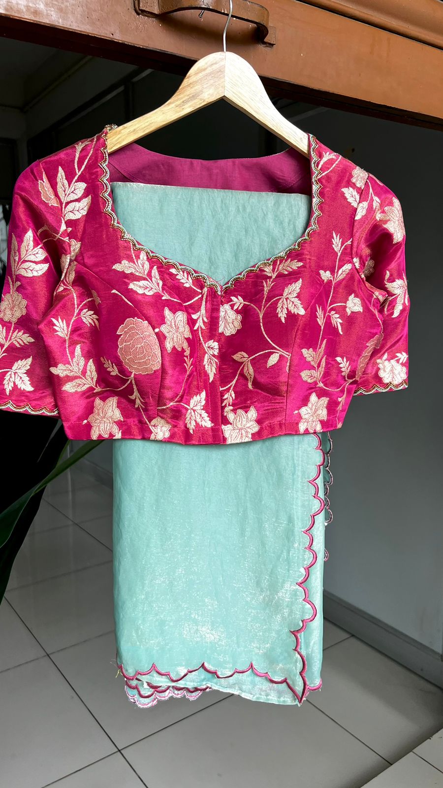 Sea blue glass tissue saree with pink hand worked blouse