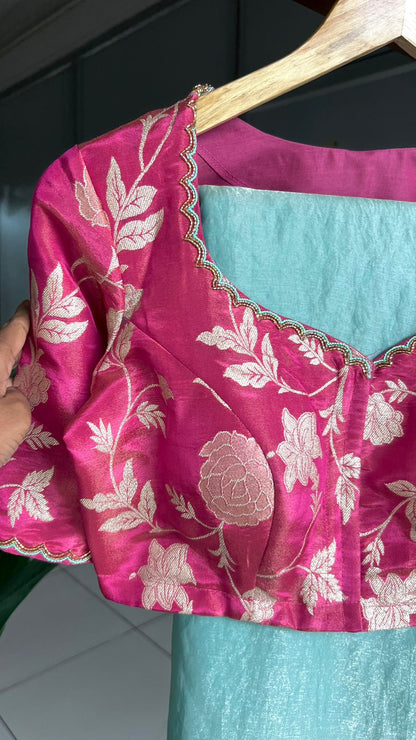 Sea blue glass tissue saree with pink hand worked blouse