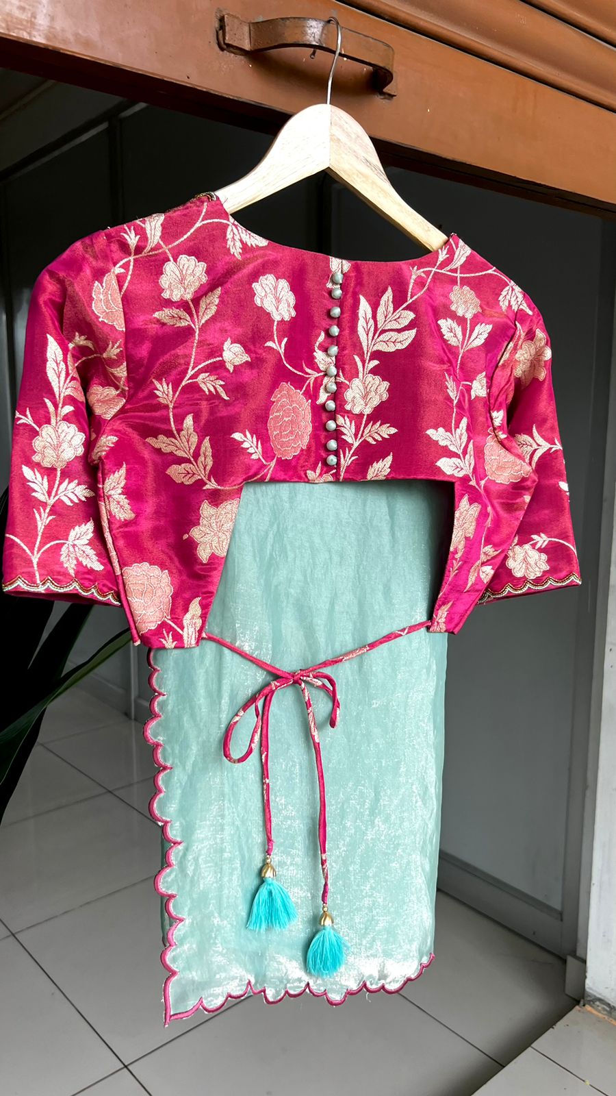 Deep pink banarasi hand worked blouse (Only blouse)