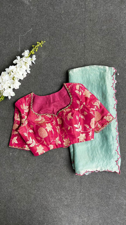 Sea blue glass tissue saree with pink hand worked blouse