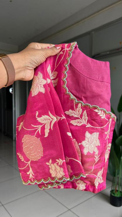 Sea blue glass tissue saree with pink hand worked blouse