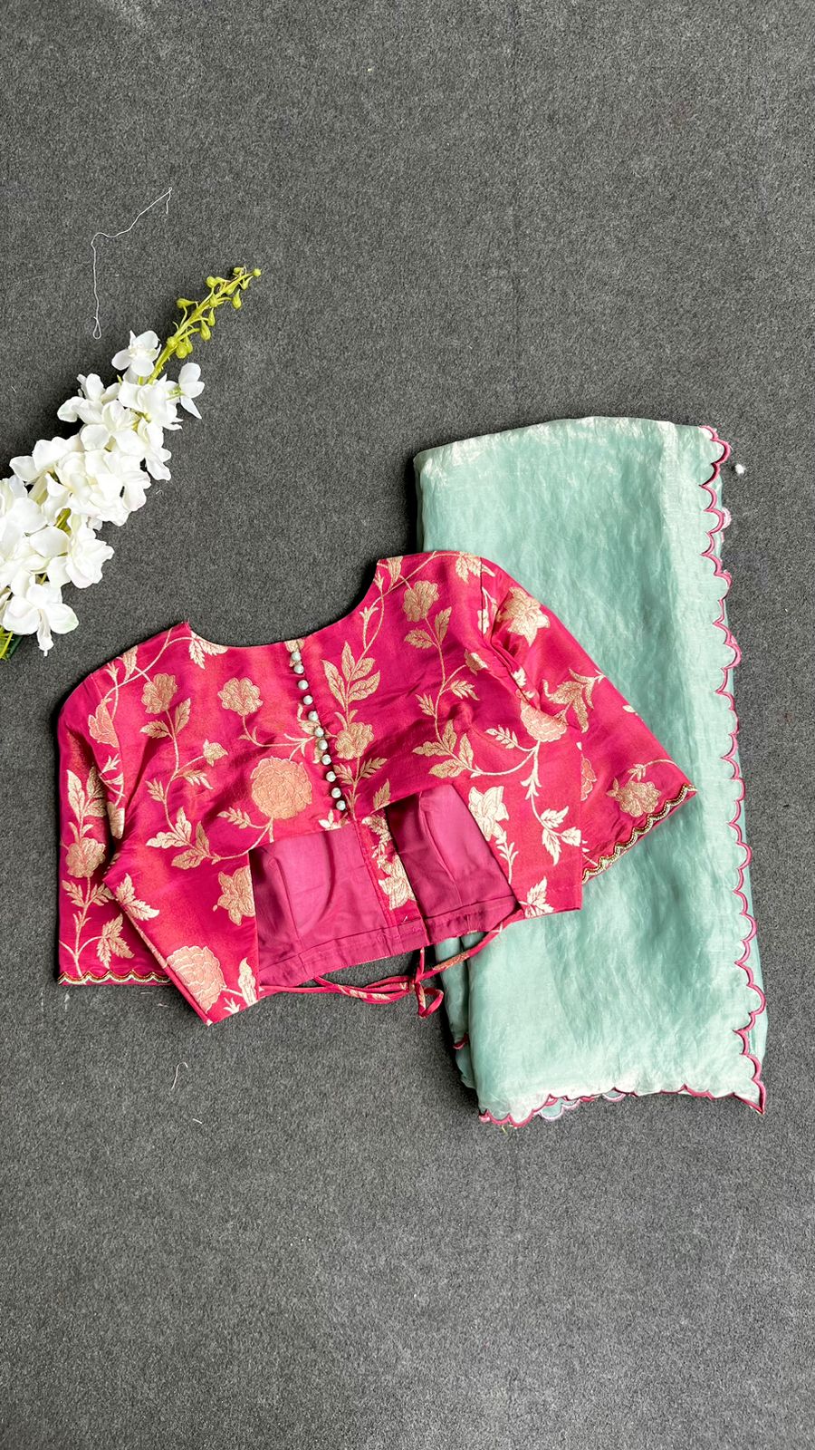 Deep pink banarasi hand worked blouse (Only blouse)