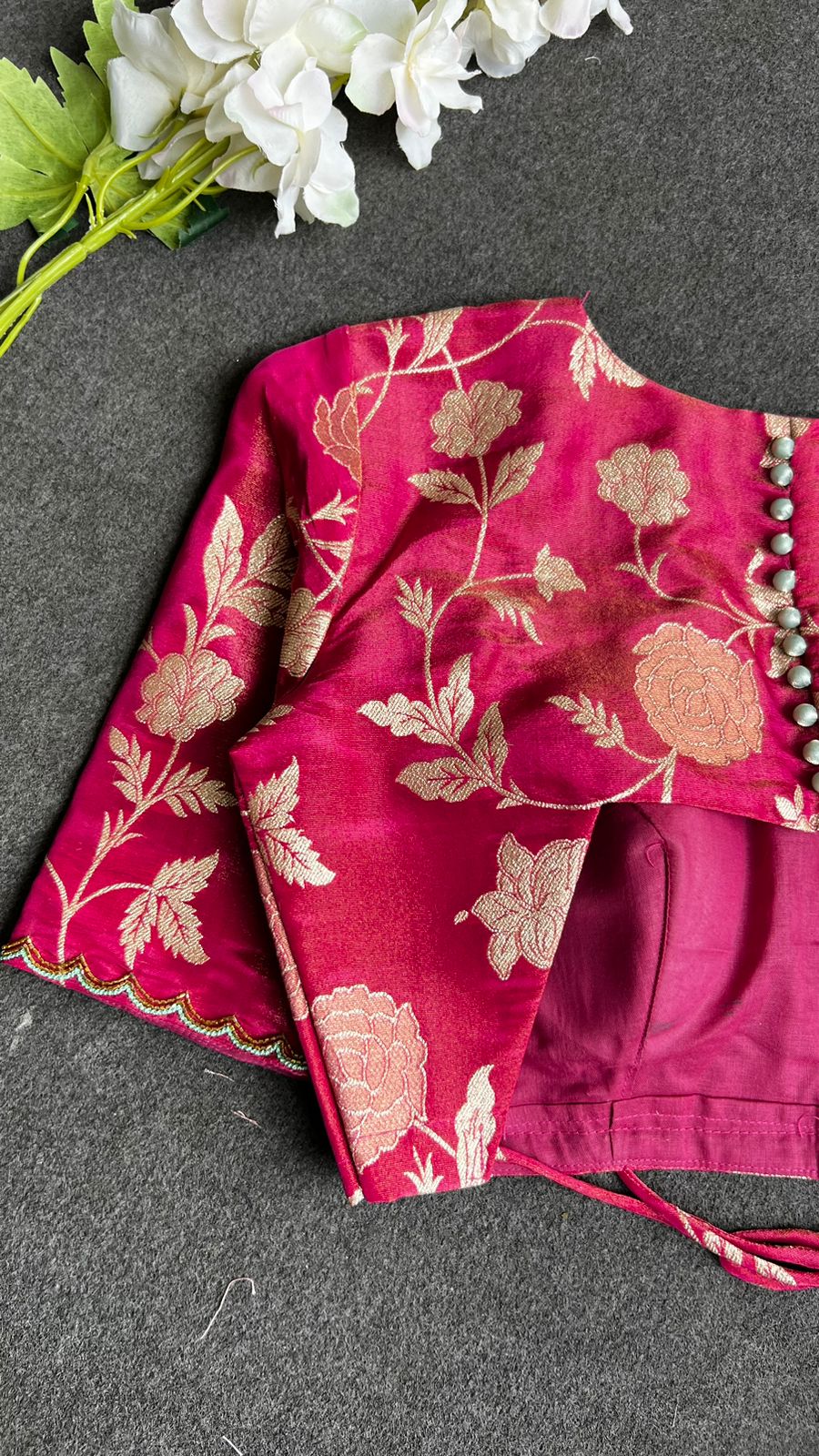 Sea blue glass tissue saree with pink hand worked blouse