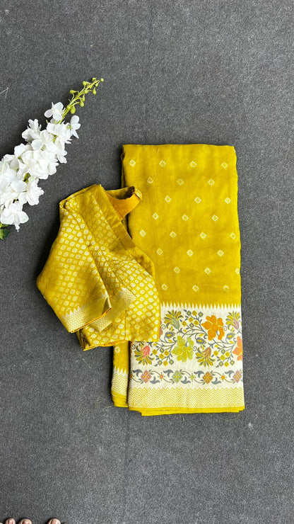 Yellow banarasi saree with blouse