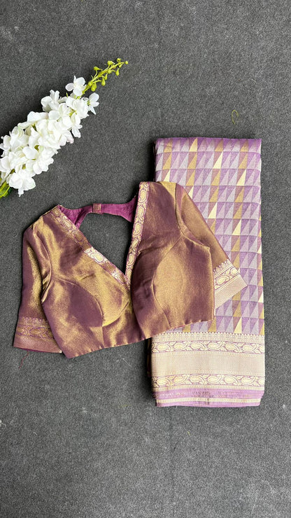 Lavender gold matrix banarasi saree with blouse