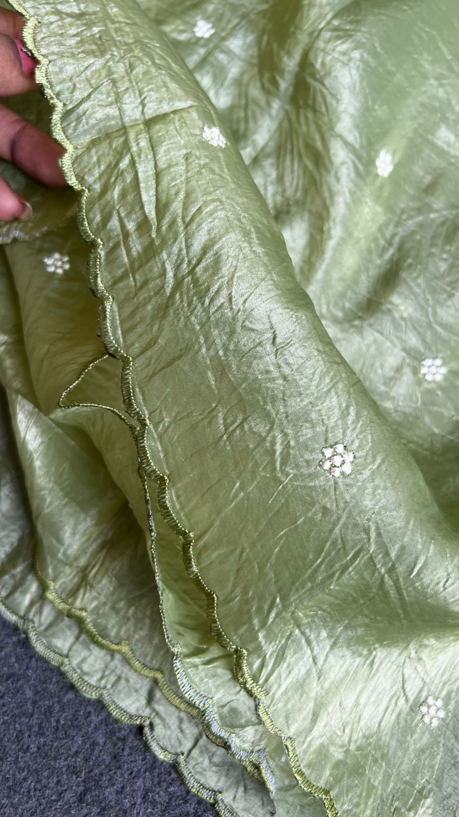 Green silk tissue saree with embroidered blouse