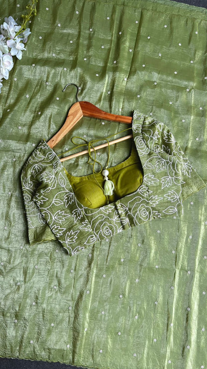 Green silk tissue saree with embroidered blouse