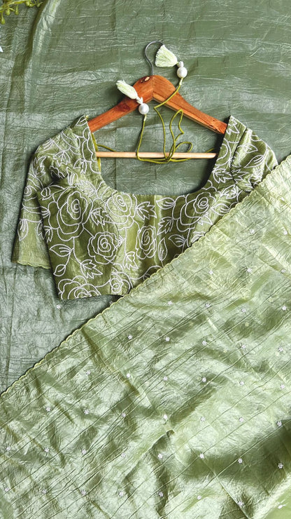 Green silk tissue saree with embroidered blouse