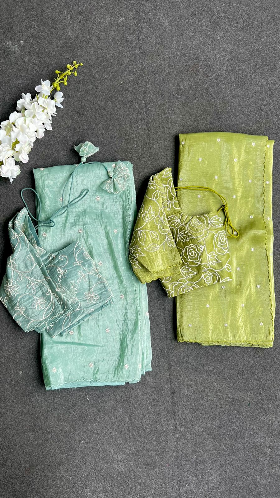 Green silk tissue saree with embroidered blouse