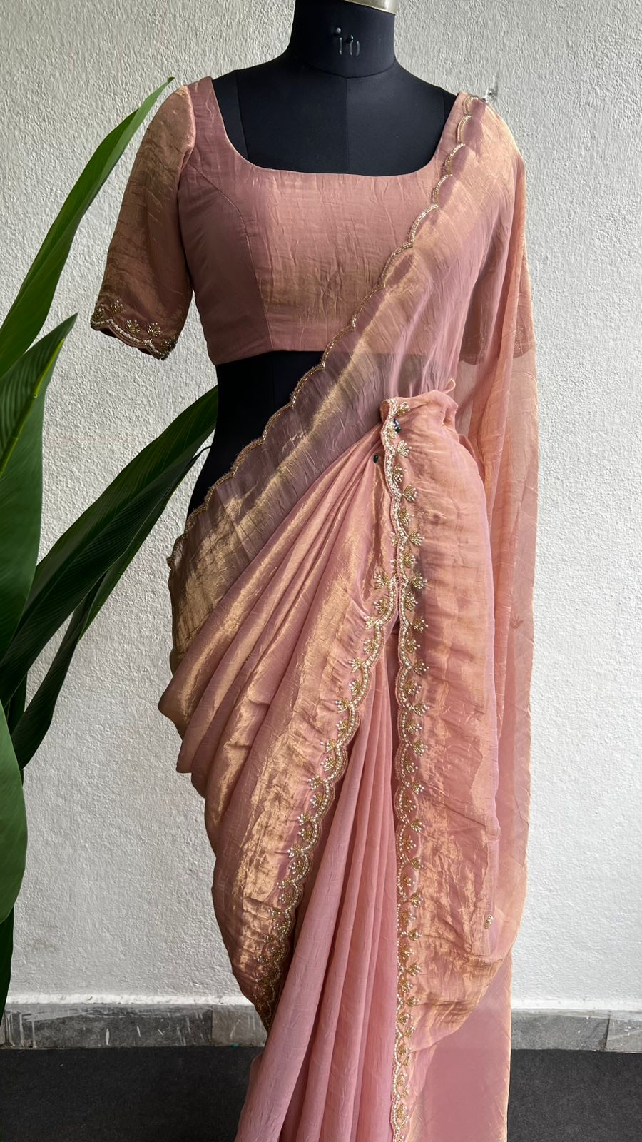 Peach pure tissue hand made saree with blouse