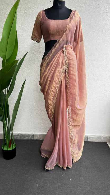 Peach pure tissue hand made saree with blouse