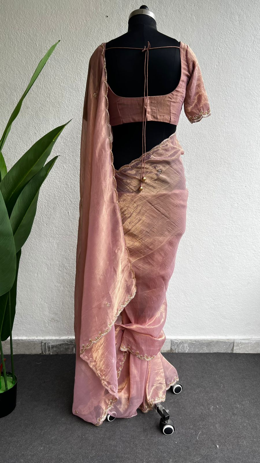 Peach pure tissue hand made saree with blouse