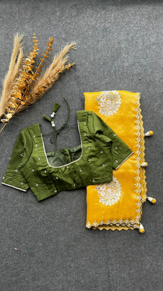 Yellow pure tissue hand made saree with blouse