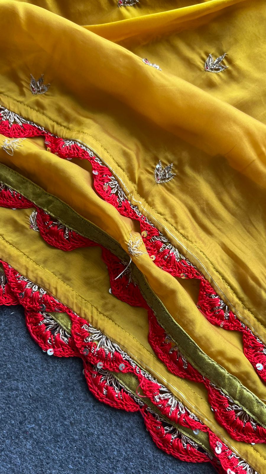 Mustard yellow hand made saree with red blouse