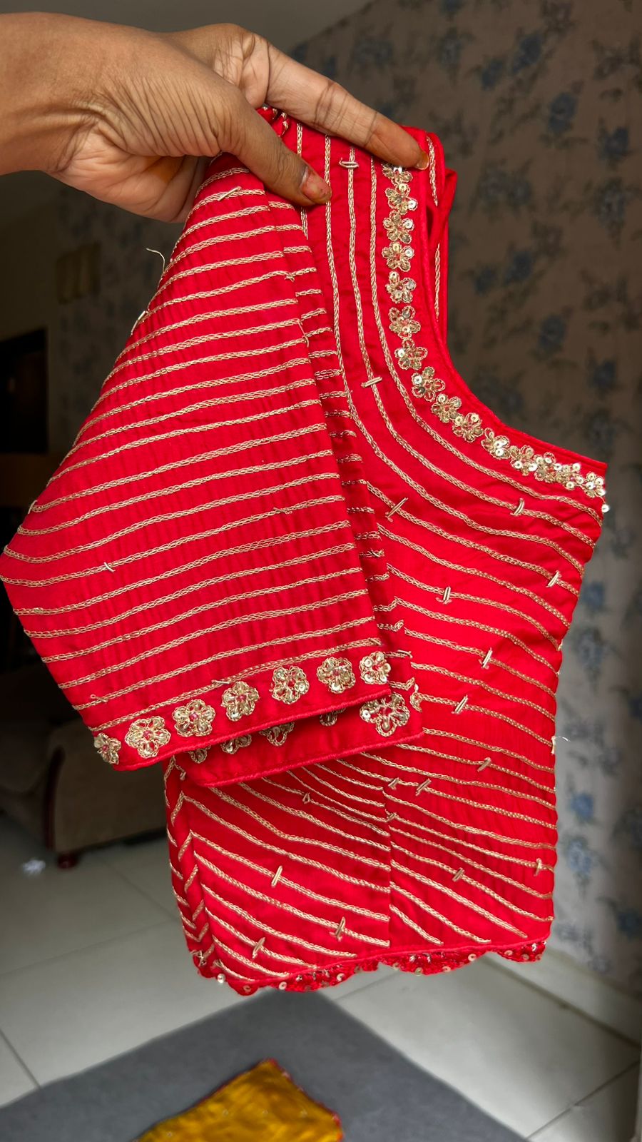 Mustard yellow hand made saree with red blouse