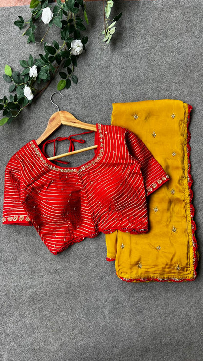 Mustard yellow hand made saree with red blouse