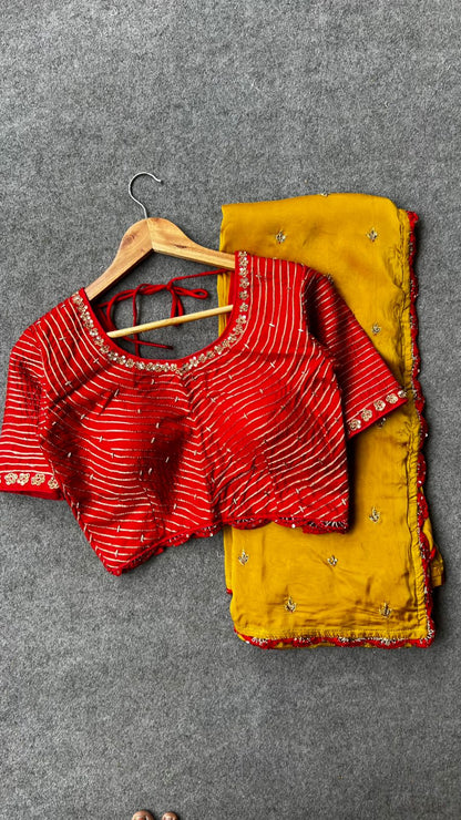 Mustard yellow hand made saree with red blouse