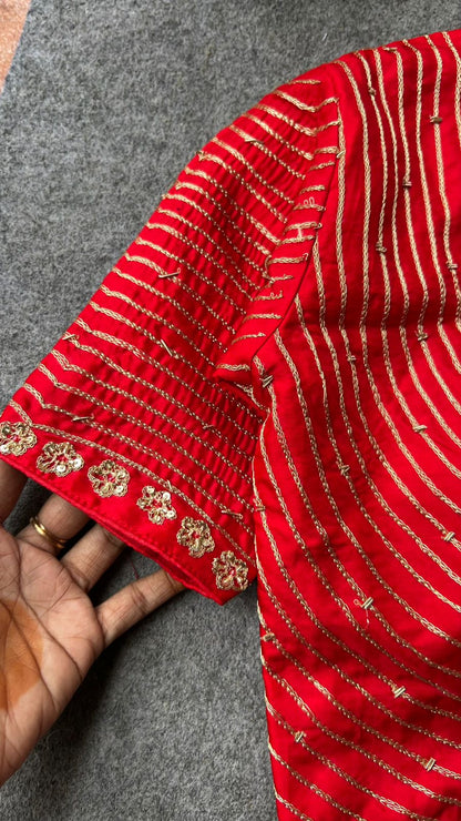 Mustard yellow hand made saree with red blouse