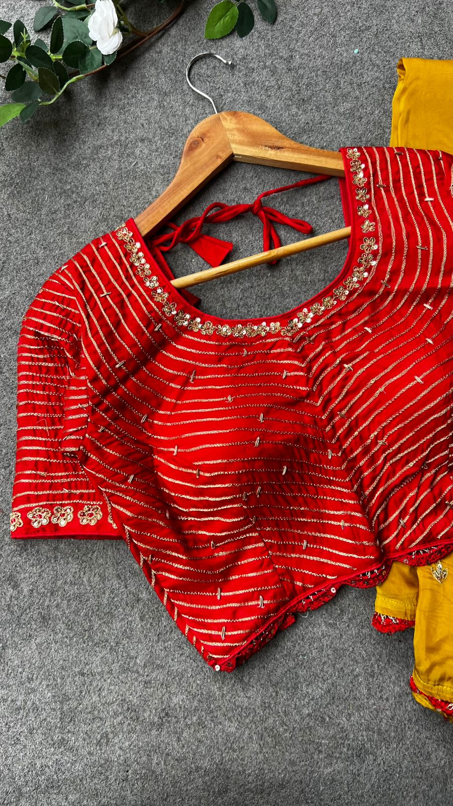 Mustard yellow hand made saree with red blouse