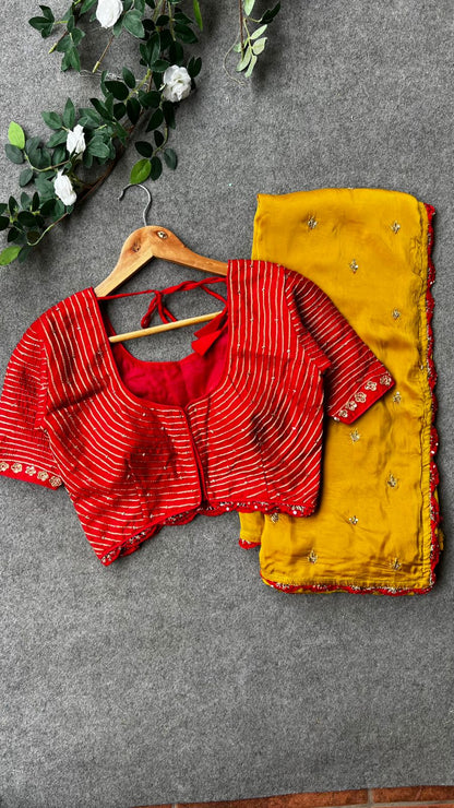 Mustard yellow hand made saree with red blouse