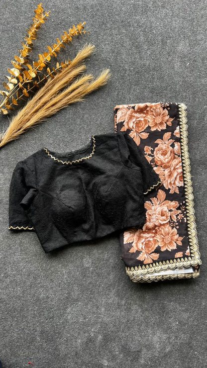 Black floral georgette saree with netted hand work blouse