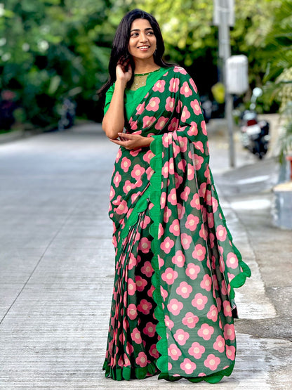 Green pink floral georgette saree with hand work blouse