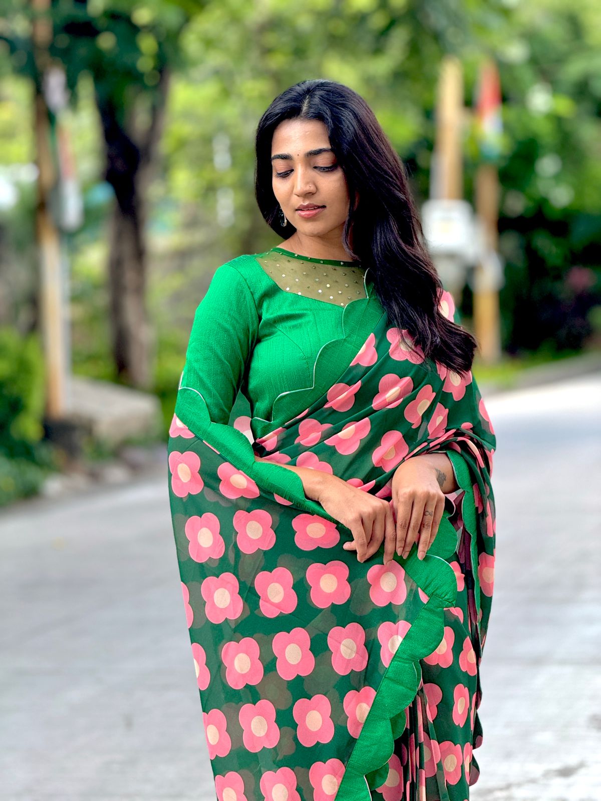 Green pink floral georgette saree with hand work blouse