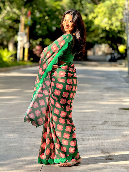 Green pink floral georgette saree with hand work blouse