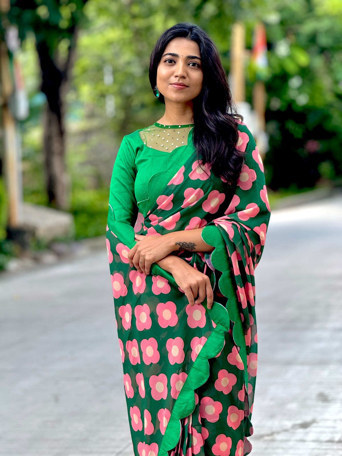 Green pink floral georgette saree with hand work blouse