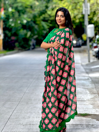 Green pink floral georgette saree with hand work blouse