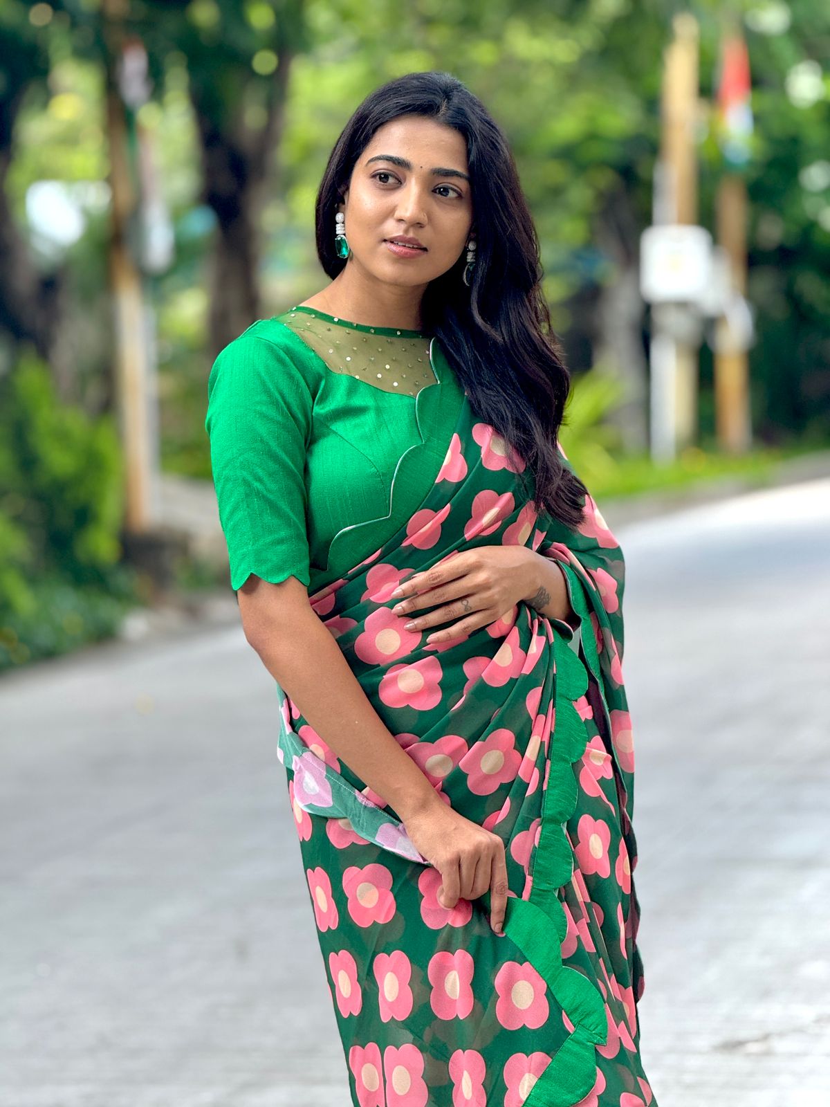 Green pink floral georgette saree with hand work blouse