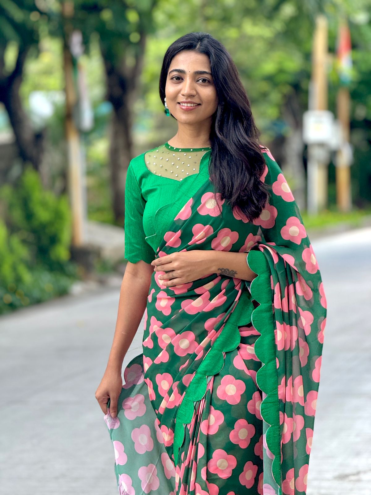 Green pink floral georgette saree with hand work blouse